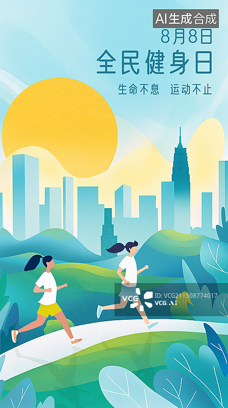 【AI数字艺术】中国全民健身日插画海报模板图片素材
