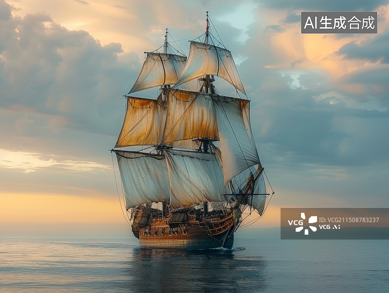 【AI数字艺术】巨大的古老帆船行驶在海上摄影图图片素材