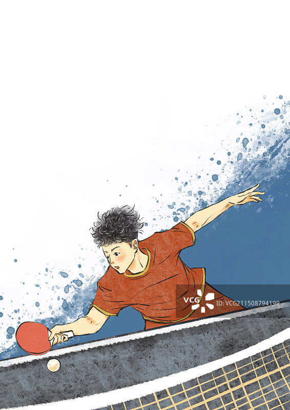 手绘国风体育运动打乒乓球插画，奥运会奥运精神国际体育比赛运动项目，肌理背景人物职业运动员。图片素材