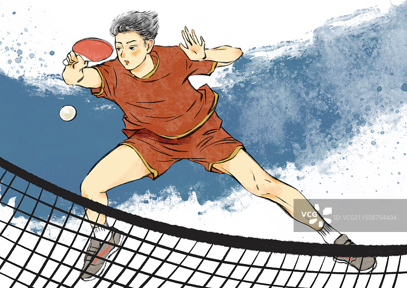 手绘国风体育运动打乒乓球插画，奥运会奥运精神国际体育比赛运动项目，肌理背景人物职业运动员。图片素材