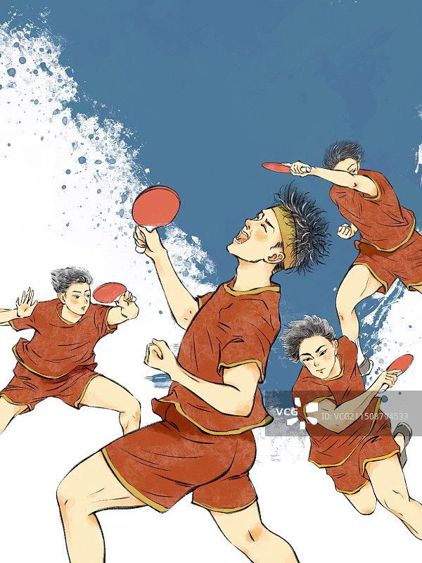 手绘国风体育运动打乒乓球插画，奥运会奥运精神国际体育比赛运动项目，肌理背景人物职业运动员。图片素材