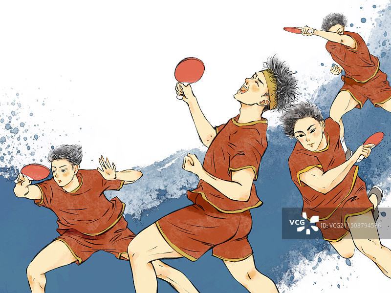 手绘国风体育运动打乒乓球插画，奥运会奥运精神国际体育比赛运动项目，肌理背景人物职业运动员。图片素材