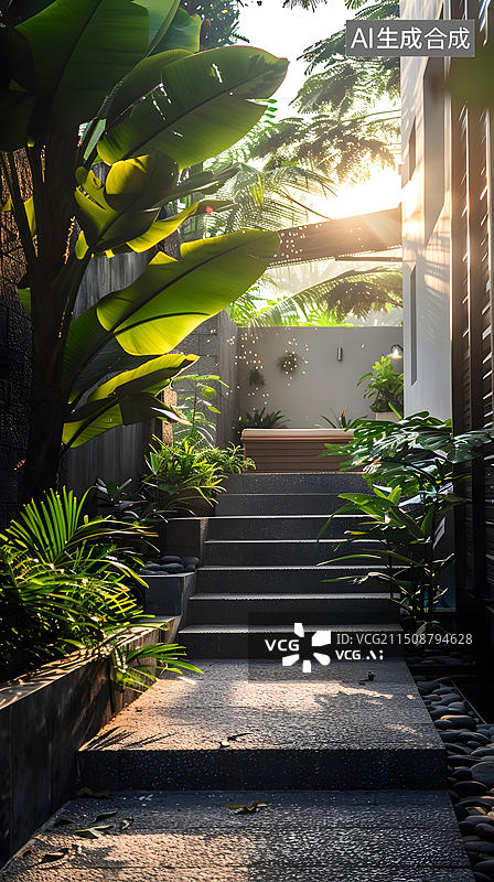 【AI数字艺术】热带花园的石阶小路图片素材