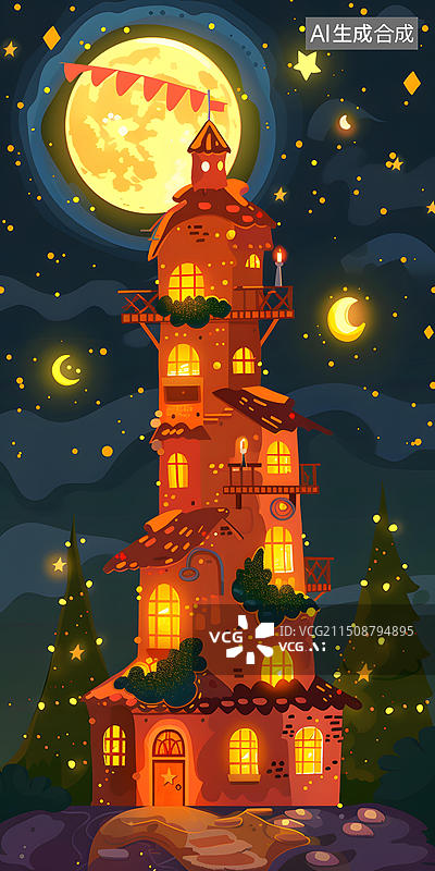 【AI数字艺术】卡通夜晚星空下的发光小屋和月亮图片素材