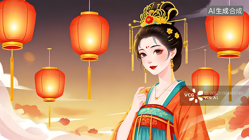 【AI数字艺术】国潮风手绘人物插画，汉服女性逛灯会，庙会，灯笼，古代女子，传统服装，古典风格图片素材