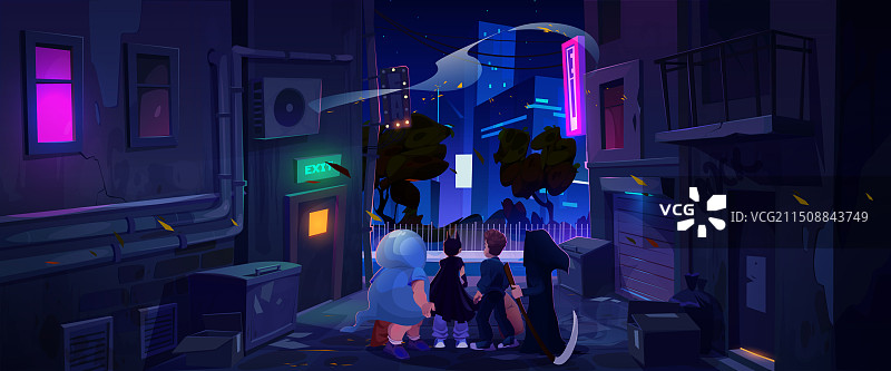 夜晚城市后巷和万圣节的孩子们图片素材