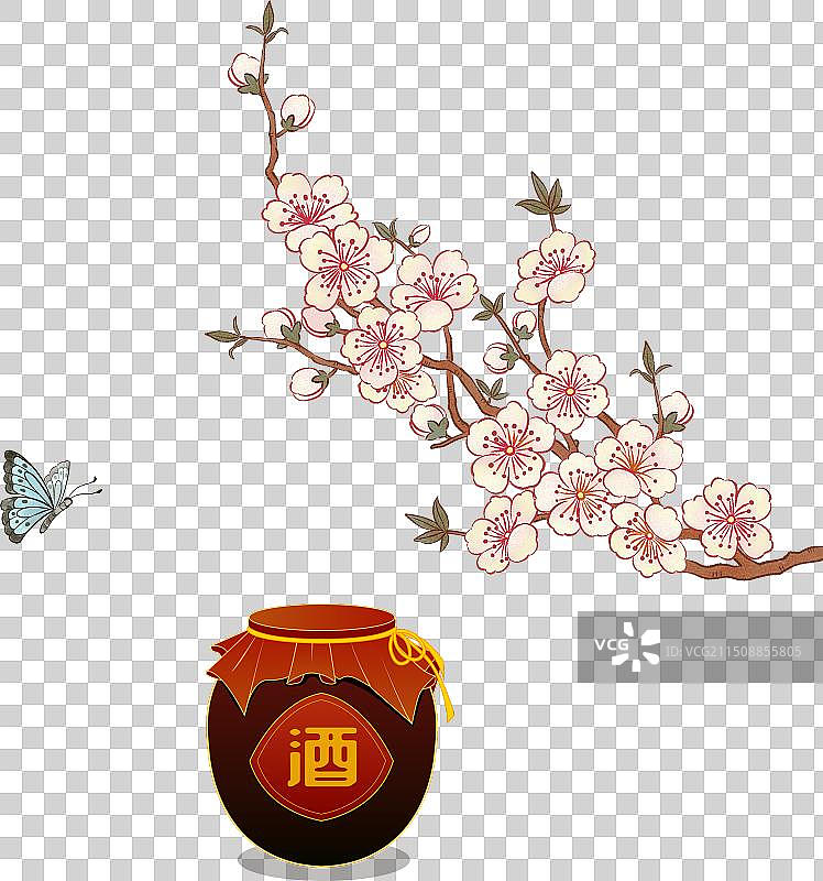 蝴蝶桃花酒春天花卉中国风插画图片素材