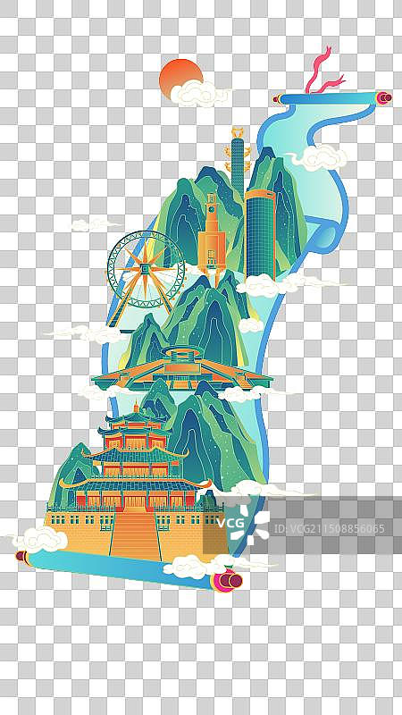 泉州卷轴山水画中国风城市复古打卡地标旅游建筑群图片素材