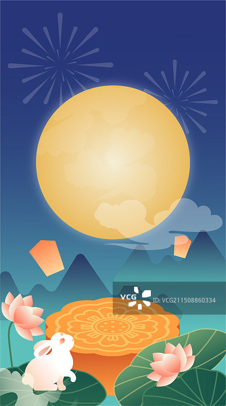中秋节荷花玉兔插画图片素材