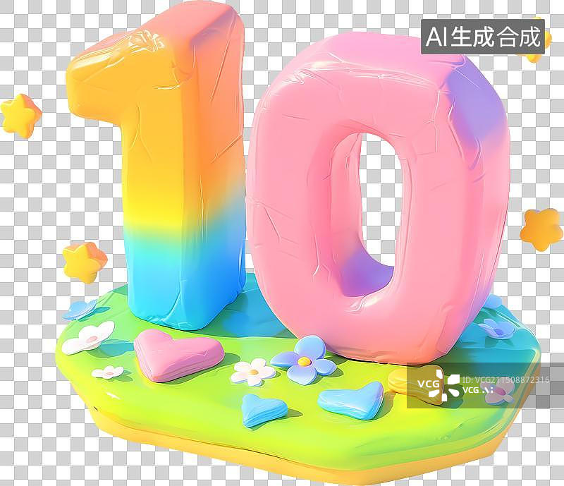 【AI数字艺术】草地数字10心十周年十岁三维粘土插画图片素材