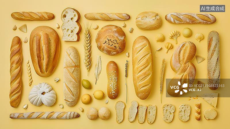 【AI数字艺术】摆放整齐各式各样的面包图片素材