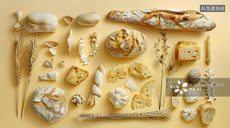 【AI数字艺术】摆放整齐各式各样的面包图片素材