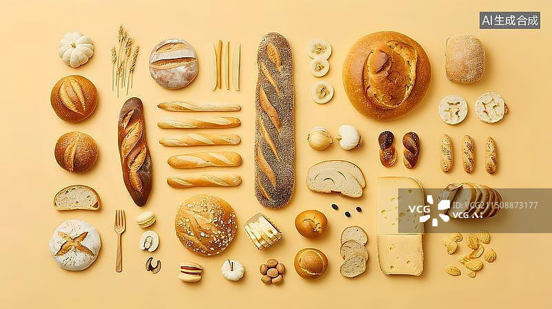 【AI数字艺术】摆放整齐各式各样的面包图片素材