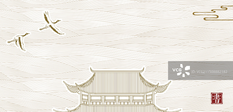 中国风波浪纹仙鹤宫殿设计背景图片素材