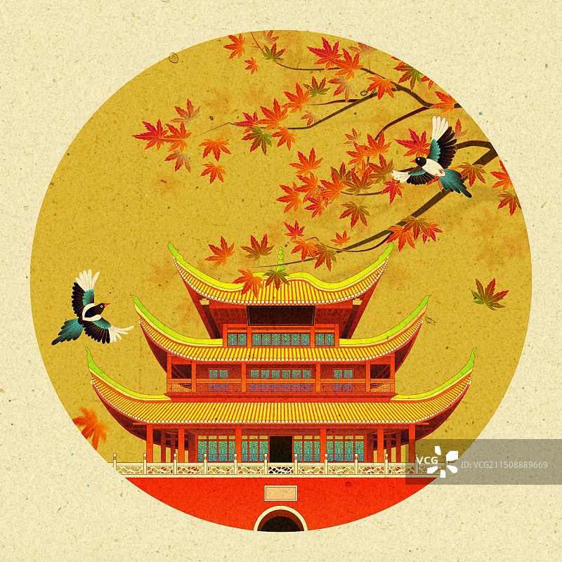 秋天枫叶喜鹊岳阳楼中国风插画图片素材