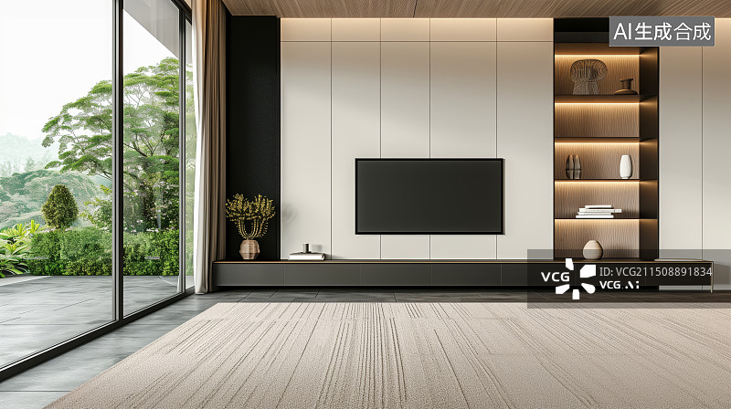 【AI数字艺术】3D现代简约风客厅电视背景墙装修设计效果图图片素材