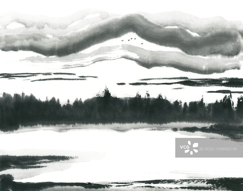 梦幻森林湖泊水墨水彩插画图片素材