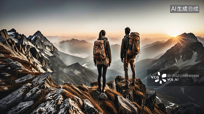 【AI数字艺术】巅峰之巅：日落时分的壮丽景象图片素材