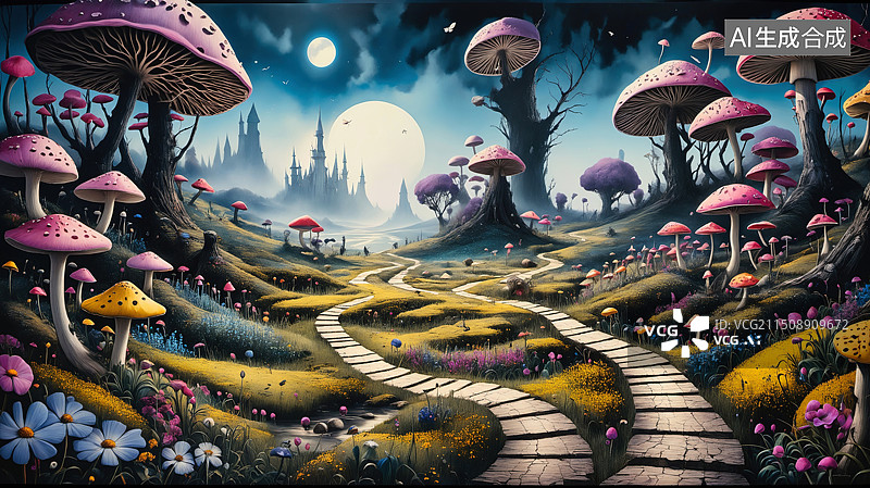 【AI数字艺术】奇幻之夜：蘑菇小径与月光城堡图片素材