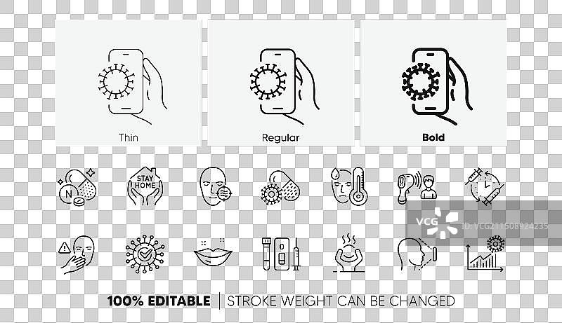 不要触摸冠状病毒药丸和嘴唇线性图标图片素材