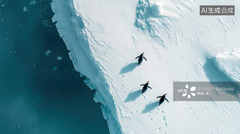 【AI数字艺术】鸟瞰南极冰雪世界中行走的企鹅图片素材