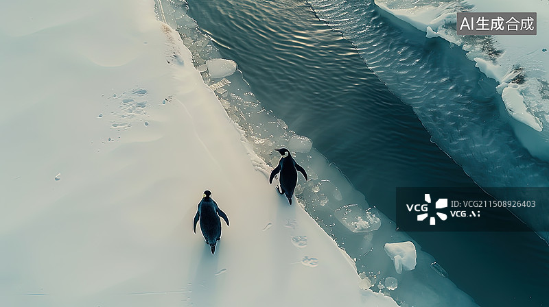 【AI数字艺术】鸟瞰南极冰雪世界中行走的企鹅图片素材