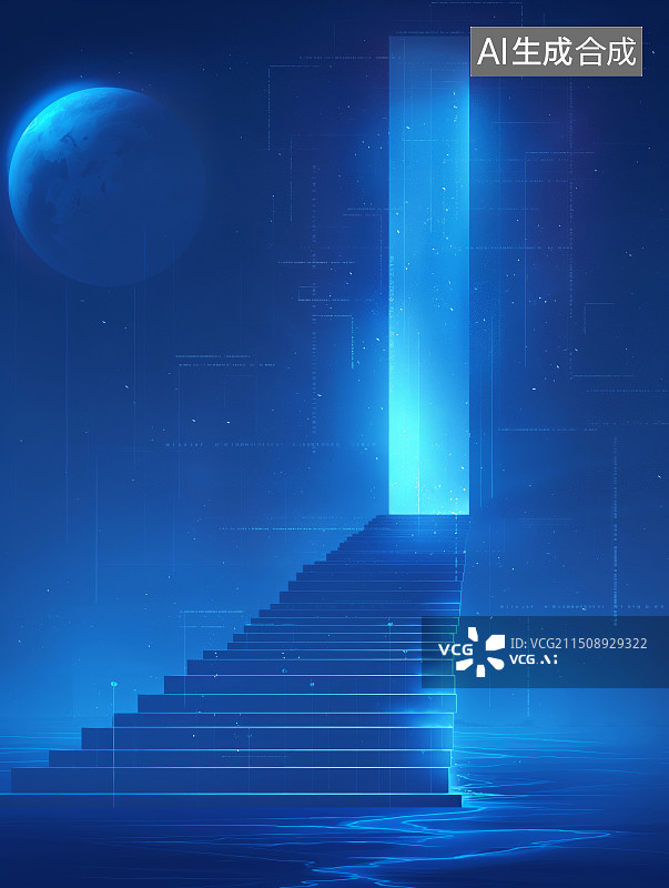 【AI数字艺术】蓝色抽象背景下，长长的阶梯通往一个巨大发光的门的面前的极简光影插画图片素材