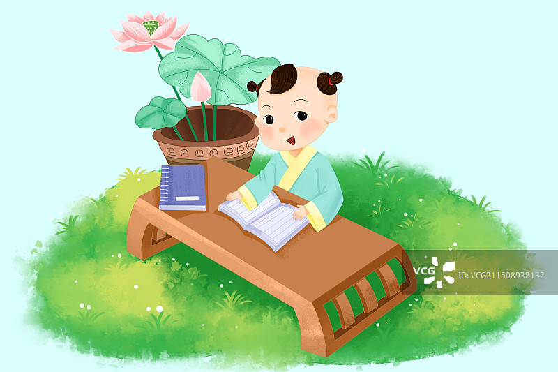 古代小孩子在户外看书图片素材