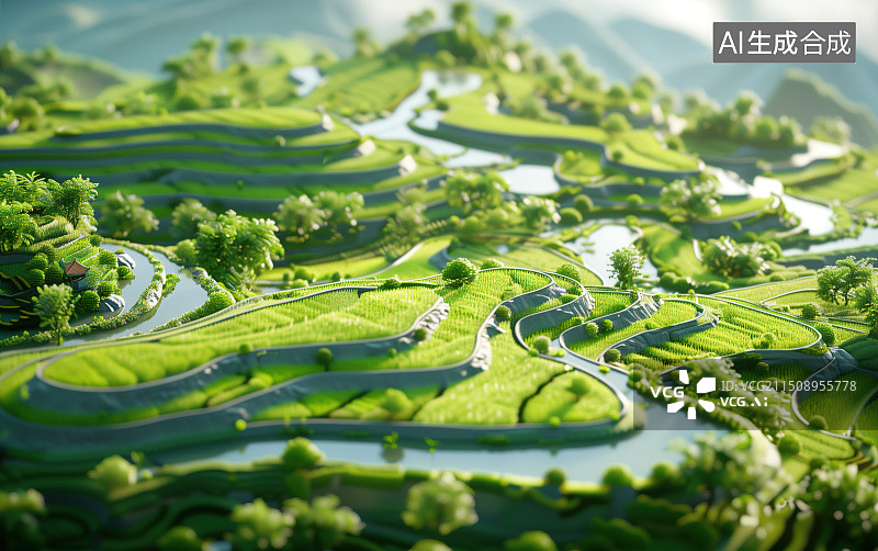 【AI数字艺术】绿色的梯田微缩景观图片素材