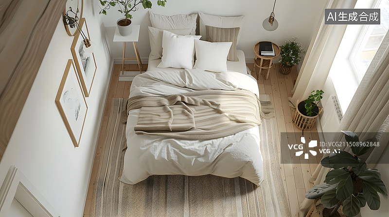 【AI数字艺术】俯拍现代卧室温馨大床房图片素材