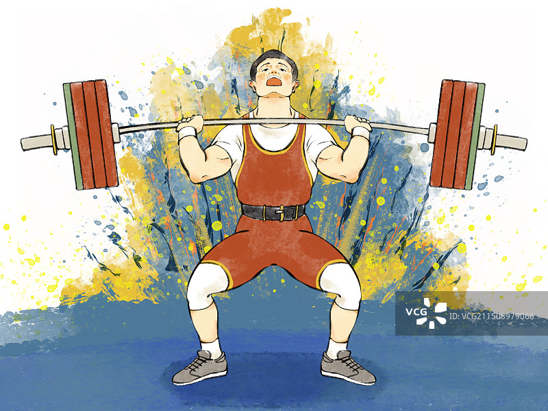 手绘国风体育运动举重插画，奥运会奥运精神国际体育比赛运动项目，肌理活力爆发背景人物职业举重运动员。图片素材