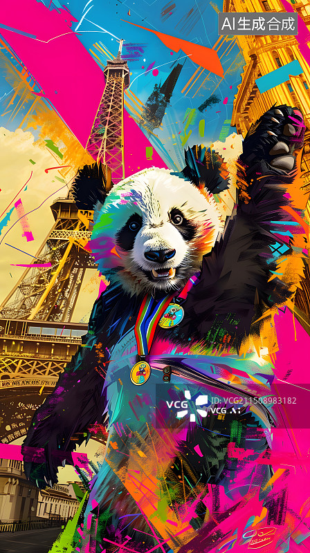【AI数字艺术】彩色运动主题熊猫招手时尚配色运动会巴黎风采城市地标运动员比赛奔跑配图图片素材