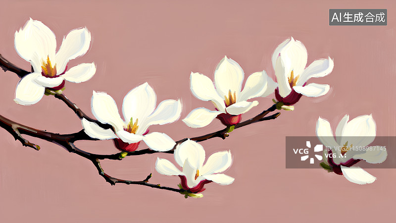 【AI数字艺术】玉兰花油画，红色背景上的白玉兰，厚涂笔触油画图片素材