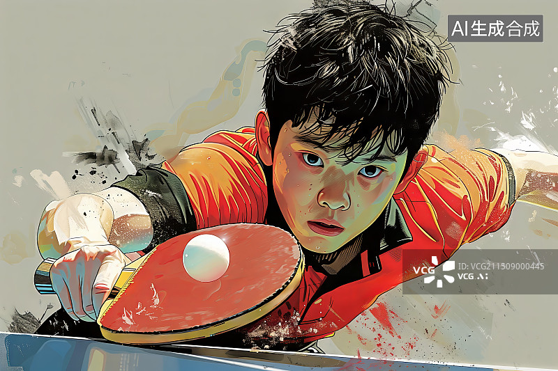 【AI数字艺术】一个亚洲乒乓球运动员正在赛场上比赛打球图片素材