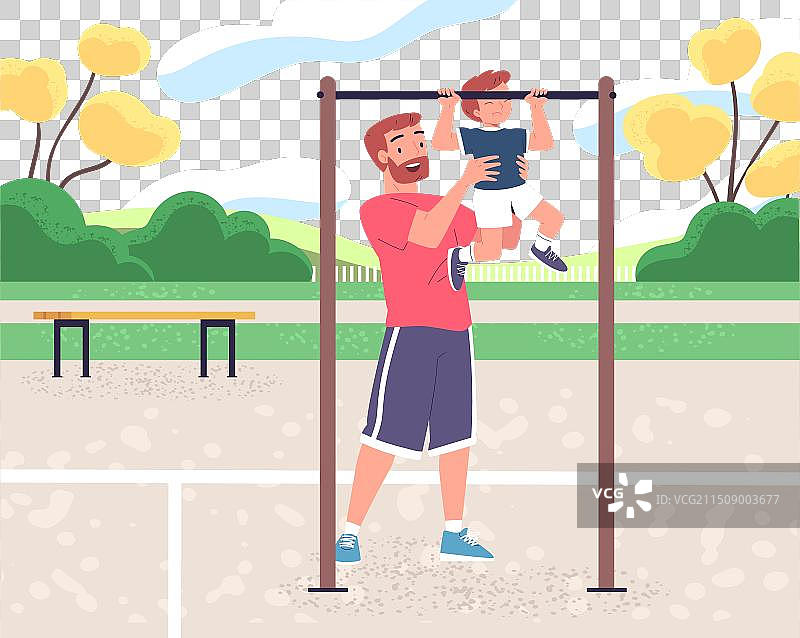 儿子在单杠上，爸爸训练孩子图片素材