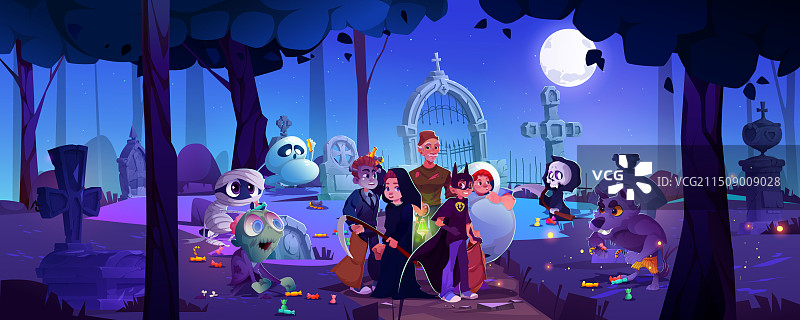 万圣节墓地里男人保护孩子图片素材