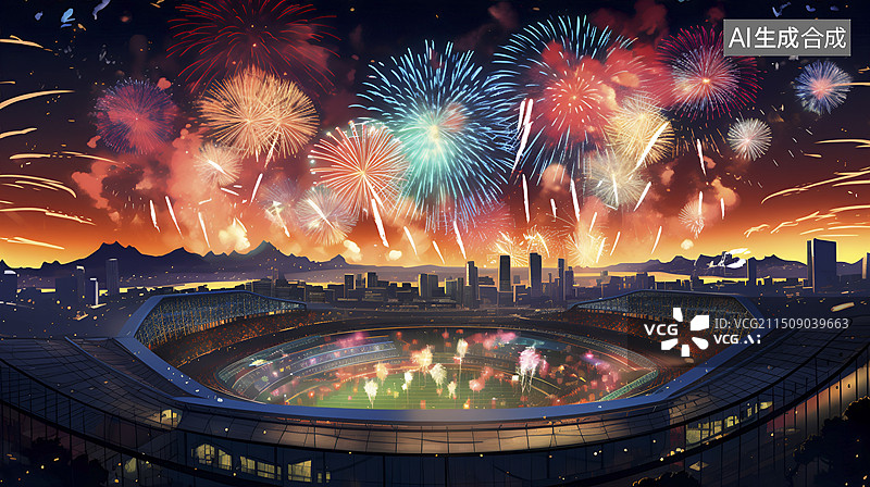 【AI数字艺术】体育馆上空燃放烟花图片素材