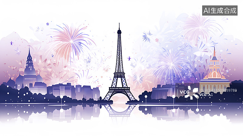 【AI数字艺术】扁平插画:巴黎上空燃放的烟花图片素材