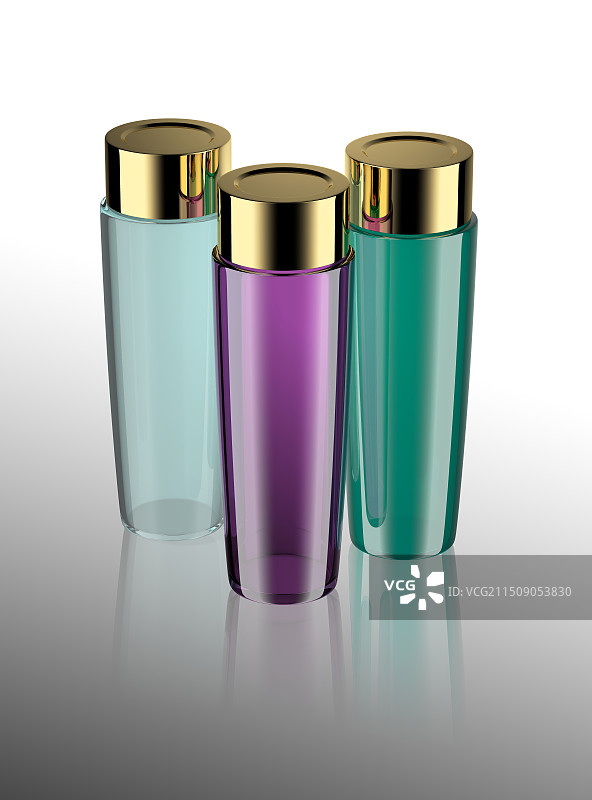 蓝色紫色玻璃爽肤水化妆品瓶子组合图片素材