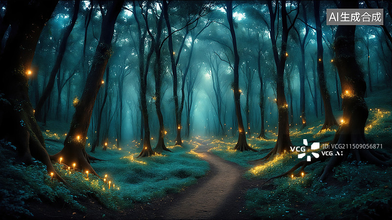 【AI数字艺术】神秘森林中的发光小径图片素材