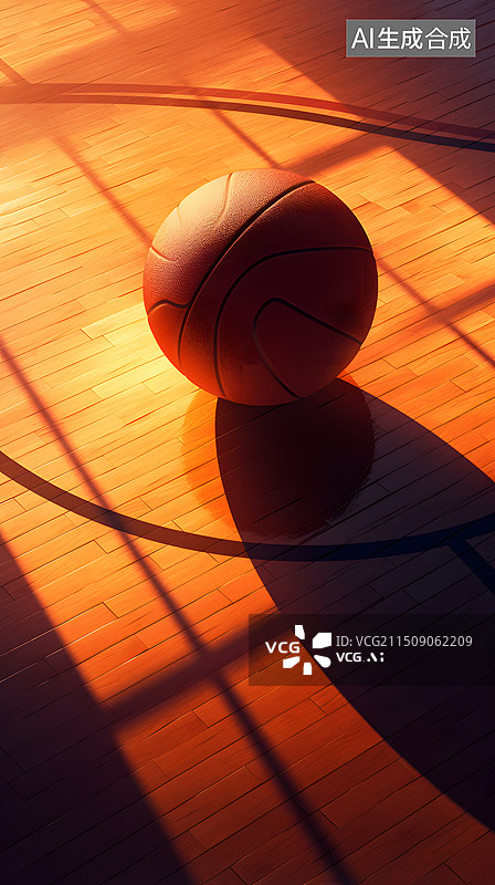 【AI数字艺术】篮球比赛场馆中一颗篮球的特写，光影质感非常的优秀图片素材