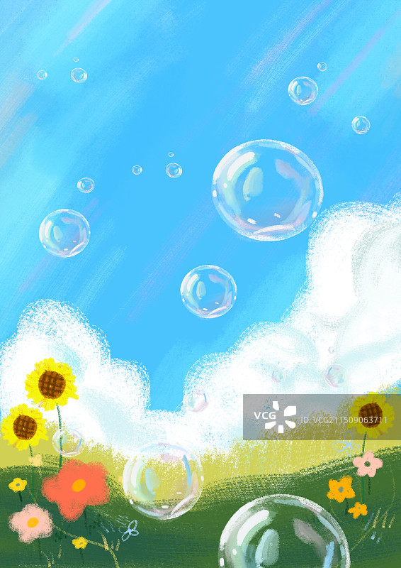 泡泡在蓝天白云绿草地上图片素材