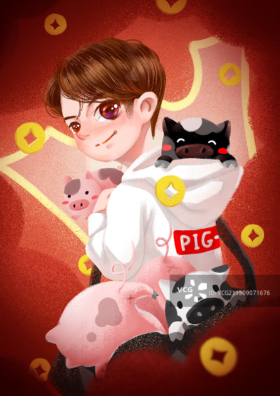 背着小猪的男孩图片素材