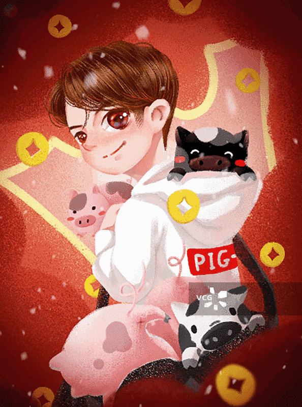 背着小猪的男孩图片素材