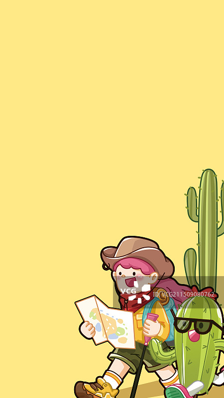 沙漠户外探险徒步旅行埃及女孩绿化戈壁山仙人掌卡通插画场景背景图片素材