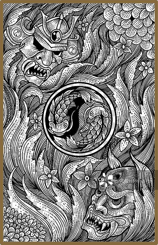 武士和鬼面具复古雕刻装饰图片素材