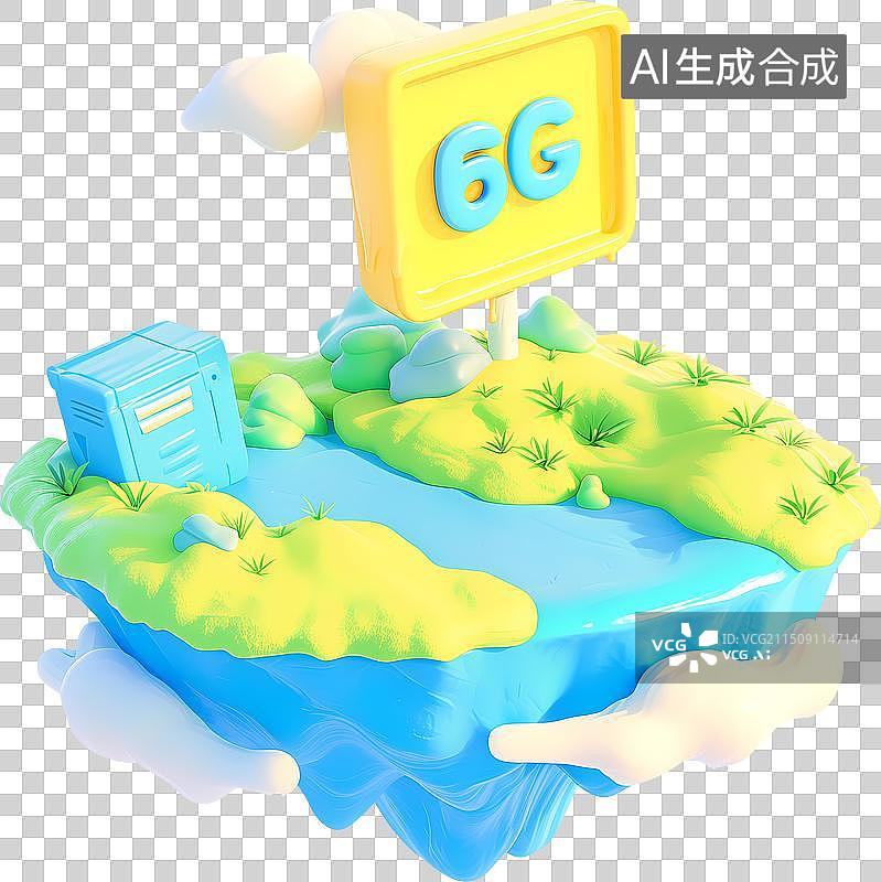 【AI数字艺术】6G移动通信技术小岛草丛房子云朵海水3D插画图片素材