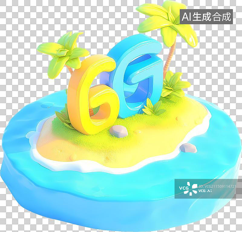 【AI数字艺术】6G移动通信技术海岛海滩椰子树云朵海水3D插画图片素材