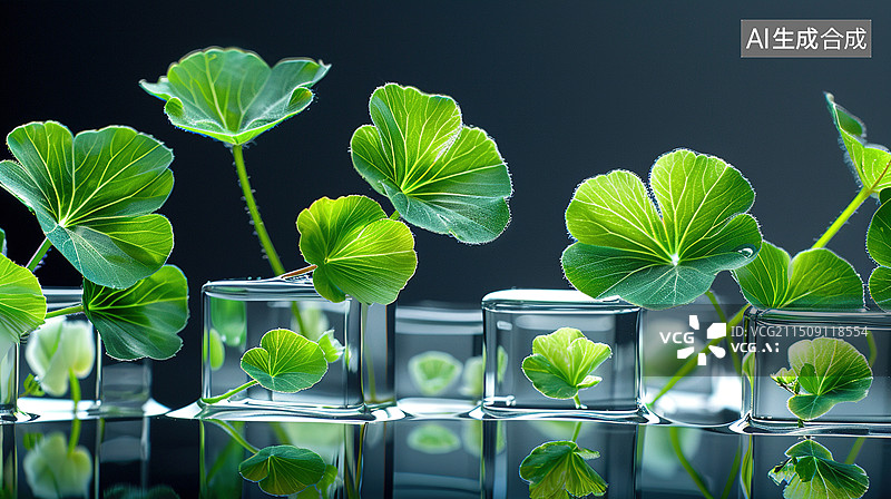 【AI数字艺术】装在玻璃烧杯中的积雪草特写图片素材