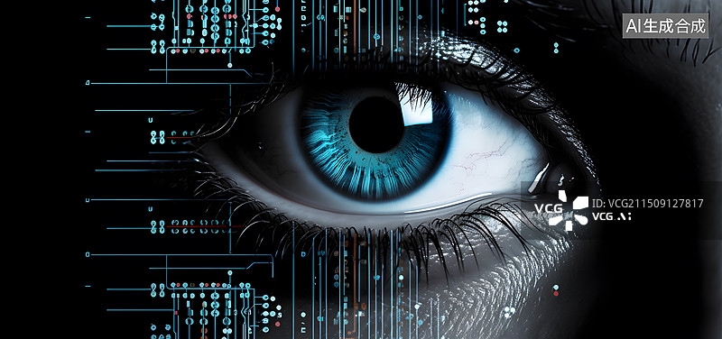 【AI数字艺术】人眼瞳孔特写，未来生物识别和安全概念图片素材
